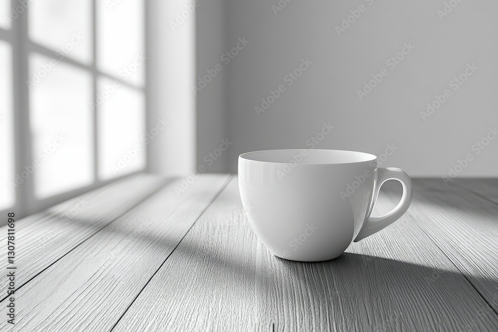 Obraz premium A white coffee cup sits on a wooden table near a bright window, minimalist aesthetic.