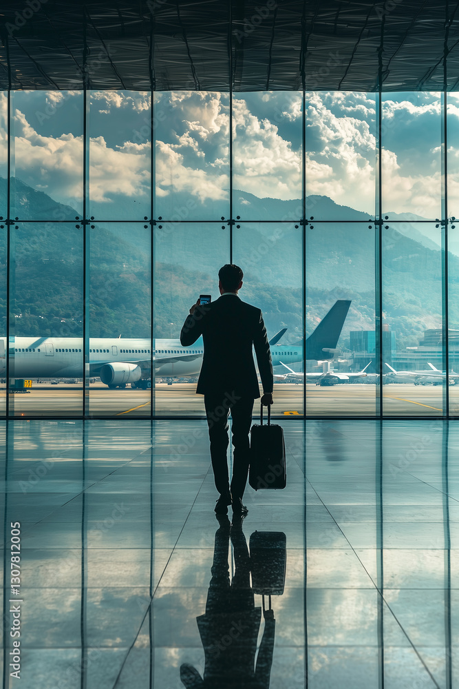 Fototapeta premium A businessman in a sharp suit walks through an airport terminal 