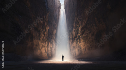 A person standing in the middle of two tall, dark canyons, with a foggy atmosphere
