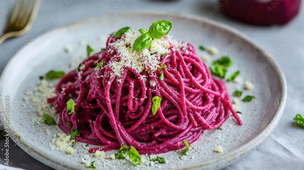 Delicious spaghetti dressed in vibrant beetroot sauce with parmesan on a light gray background, maroon color