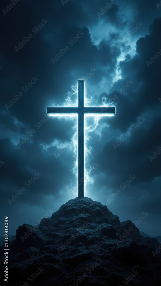A striking Christian cross depicted against a dramatic backdrop with storm clouds and lightning, symbolizing faith amidst turmoil. A striking Christian cross depicted against a dramatic backdrop with storm clouds and lightning, symbolizing faith amidst turmoil.