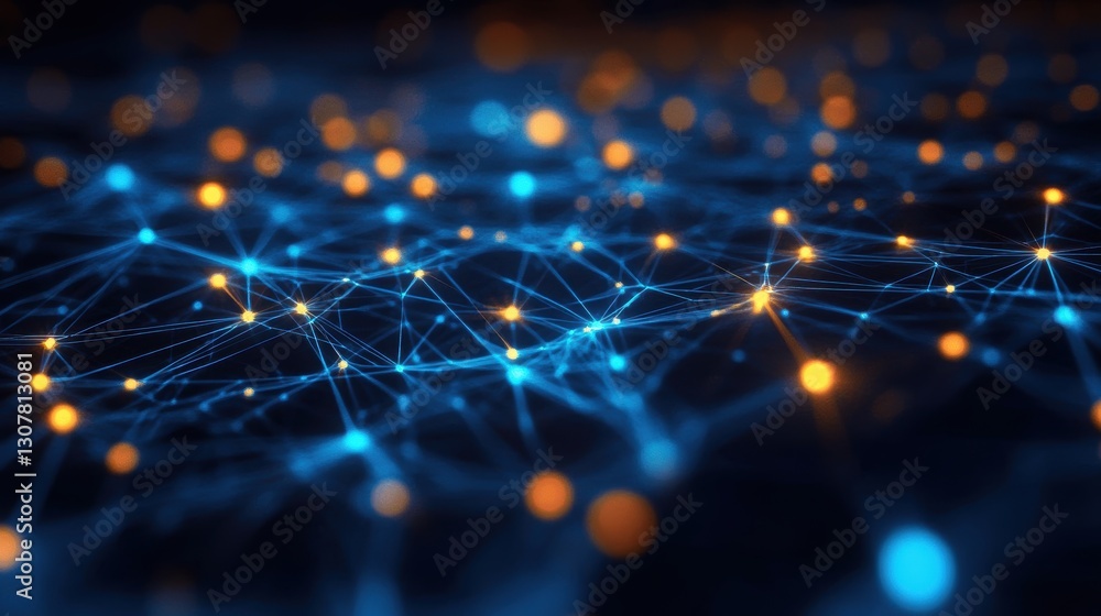 Abstract Network Background with Bright Blue and Orange Lights