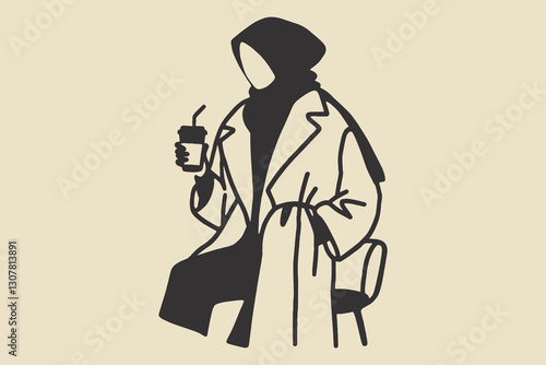 Minimalistic Arab woman in hijab drinking coffee, stylish and simple	