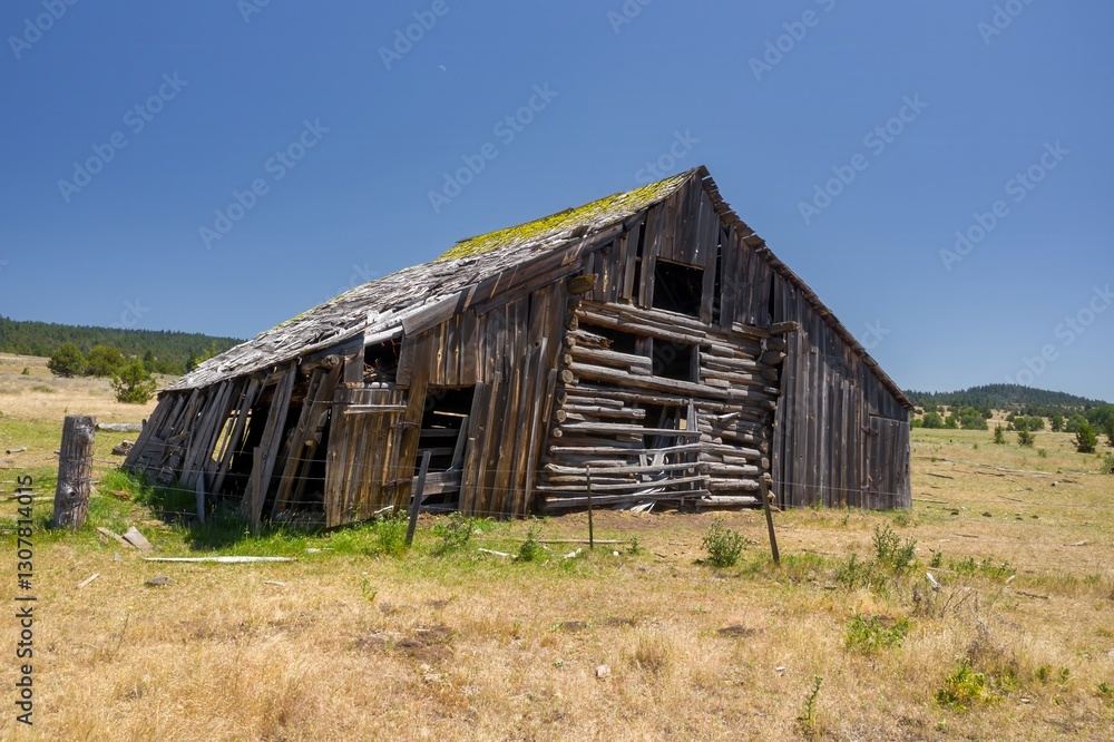 An aerial view shows a dilapidated barn in a field in Oregon, USA. The barn's roof is falling apart, and the wood is weathered. The barn is surrounded by dry grass and trees. , Mount Vernon, USA An aerial view shows a dilapidated barn in a field in Oregon, USA. The barn's roof is falling apart, and the wood is weathered. The barn is surrounded by dry grass and trees. , Mount Vernon, USA