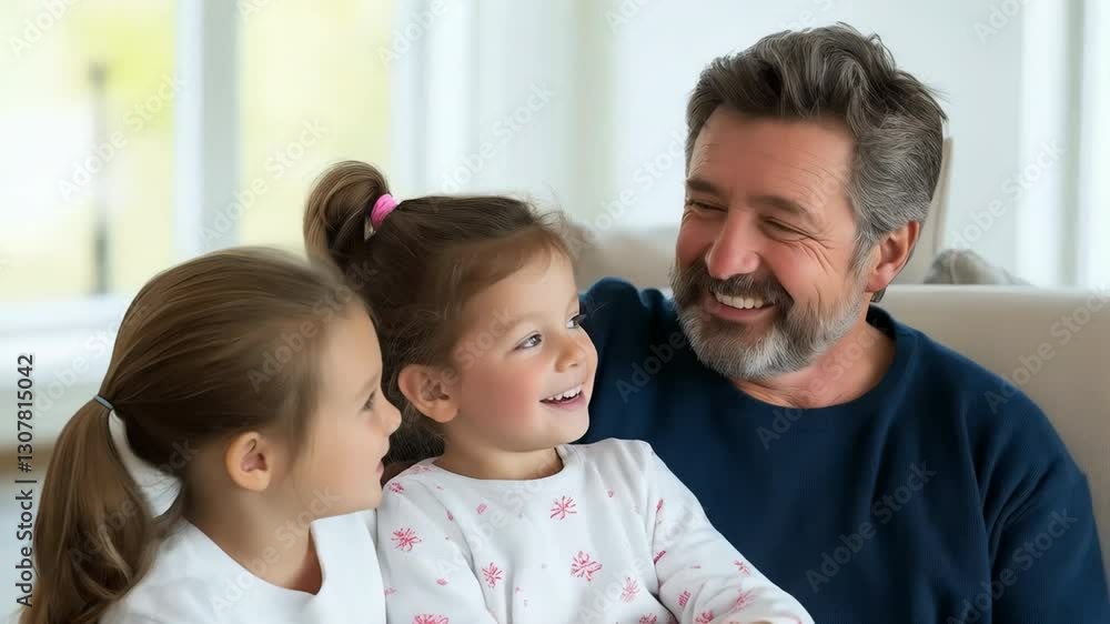 Caucasian father embraces his daughters with smiles Family bonding concept Love and affection at home Caucasian father embraces his daughters with smiles Family bonding concept Love and affection at home
