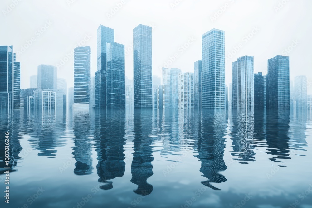 Fototapeta premium Urban Landscape with Reflection in Calm Water Under Foggy Sky