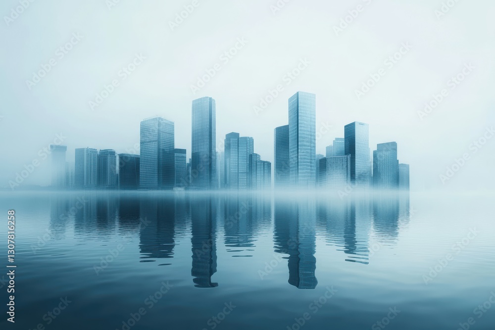 Modern City Skyline Reflected in Calm Water Under Foggy Conditions Modern City Skyline Reflected in Calm Water Under Foggy Conditions