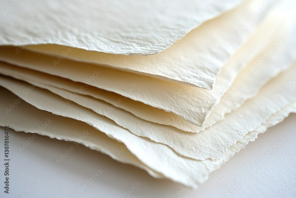Obraz premium A close-up of a stack of textured, off-white handmade paper sheets with deckled edges.