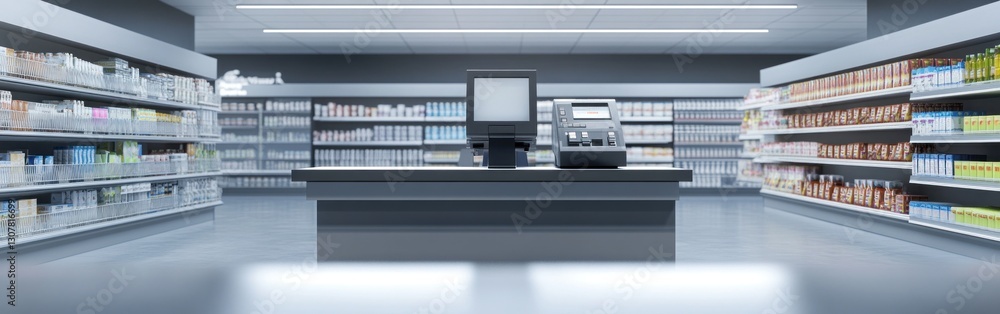 Empty pharmacy interior with shelves and checkout. Empty pharmacy interior with shelves and checkout.