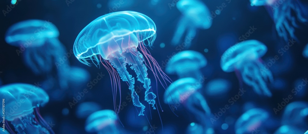 Ethereal Jellyfish Glowing in Dark Ocean Depths at Night Ethereal Jellyfish Glowing in Dark Ocean Depths at Night