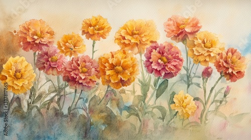 Watercolor painting of marigolds in garden