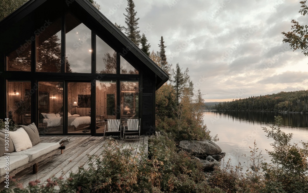 Modern cabin with lake view, large windows, wooden deck, comfortable seating. Modern cabin with lake view, large windows, wooden deck, comfortable seating.