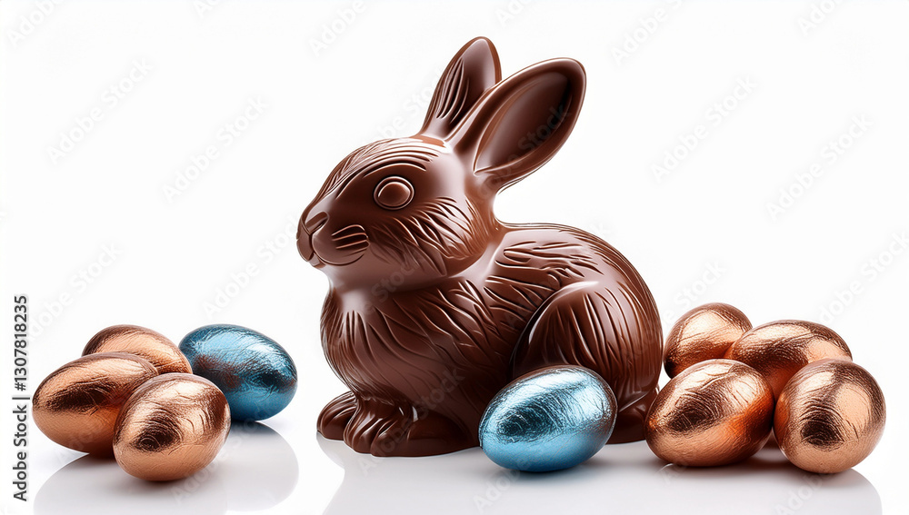 Fototapeta premium lapin de pâques et oeufs en chocolat, isolés sur un fond blanc