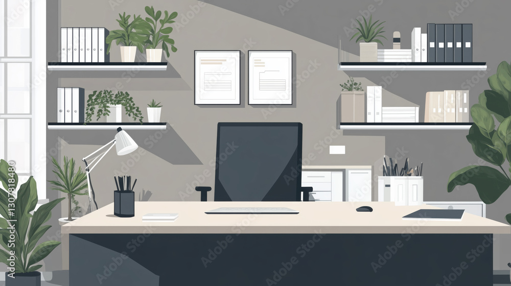 A Professional Office Background with Neutral Tones Featuring a Spacious Desk Area, Open Shelves, and a Clean Workspace, Providing Ample Space for Text, Ideal for Promotional Messages and Banners A Professional Office Background with Neutral Tones Featuring a Spacious Desk Area, Open Shelves, and a Clean Workspace, Providing Ample Space for Text, Ideal for Promotional Messages and Banners