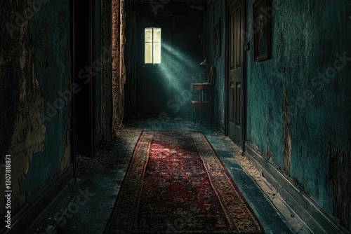 Sunbeams illuminate a decaying hallway, revealing aged walls, a worn rug, and the haunting beauty of neglect. photo