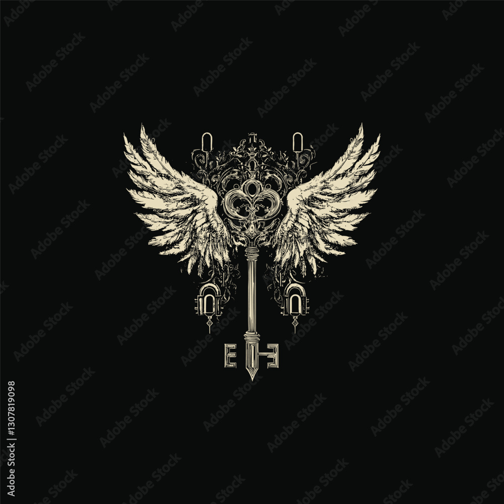 Obraz premium Medieval key with wings vintage design vector template illustration