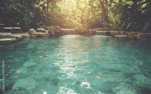 Serene jungle pool with waterfall.