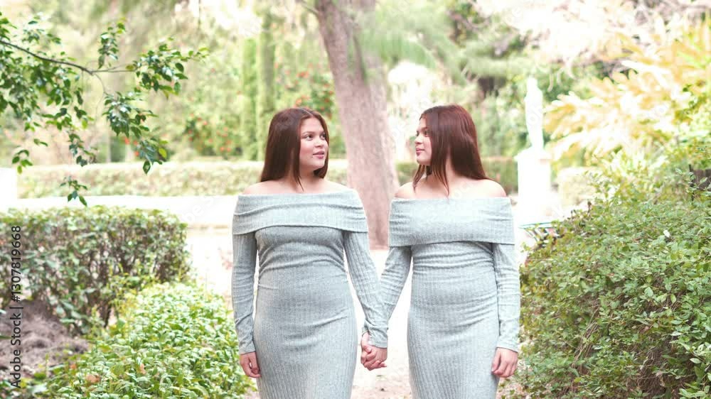 Two twin sisters, wearing elegant gray dresses, walk gracefully through a serene park, their hands clasped together in a symbol of unity and affection