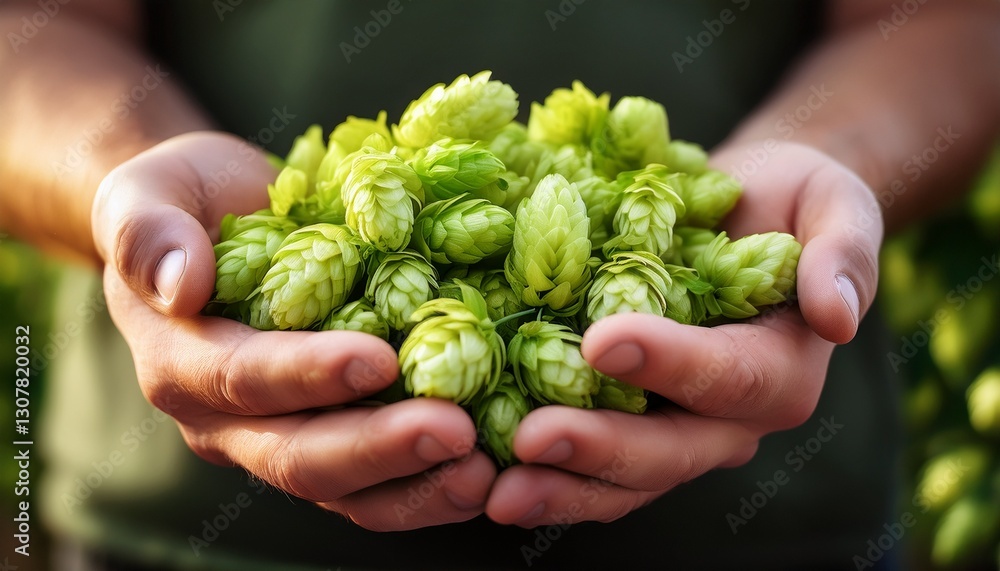 Generated image - Green hops for beer. Man holding fresh hop in his hands. Craft beer ingredients at a brewery Generated image - Green hops for beer. Man holding fresh hop in his hands. Craft beer ingredients at a brewery