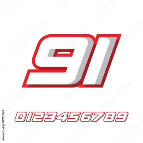 racing number 91 with racing effect, for racing, racing, sports in red and white on white background