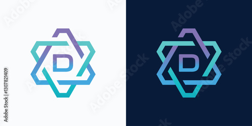 technology logo letter D with hexagon circuit line style for digital, data, connection with purple and blue gradient color