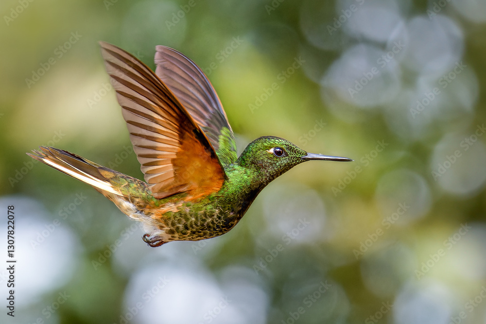 Hummingbird Buff-tailed Coronet in flight Hummingbird Buff-tailed Coronet in flight