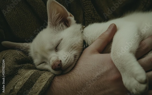 Peaceful white kitten sleeping soundly in loving human hands.