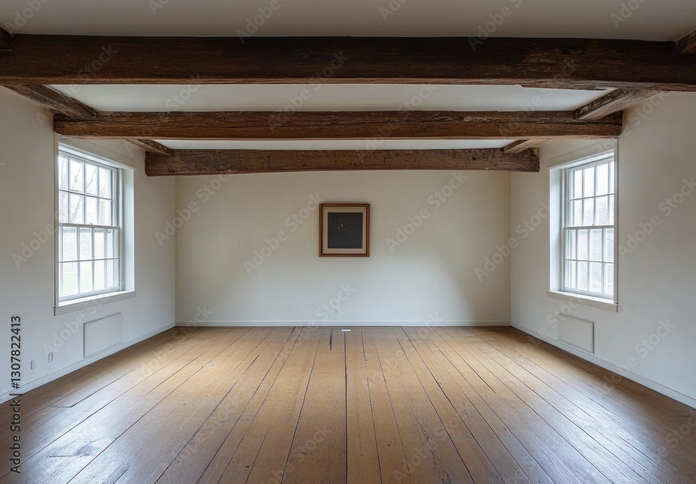 Obraz premium Empty room with wooden beams and wide windows.
