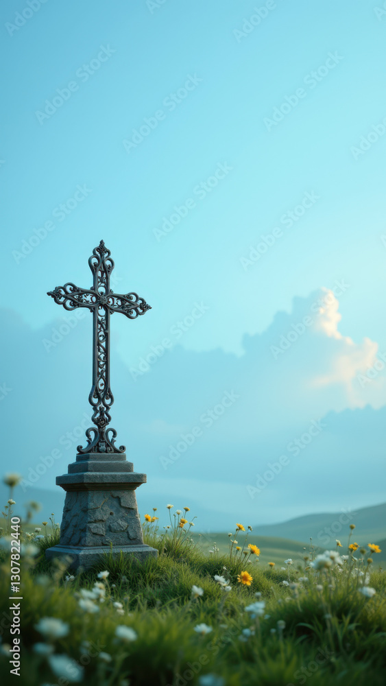 A tranquil Christian cross on a gravestone amidst lush greenery under a clear sky. A tranquil Christian cross on a gravestone amidst lush greenery under a clear sky.