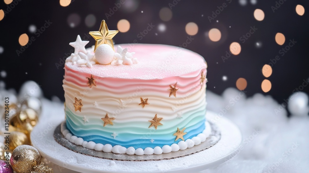 A whimsical pastel ombre cake with golden stars against a bokeh background and wintery elements A whimsical pastel ombre cake with golden stars against a bokeh background and wintery elements