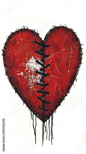 Distressed Stitched Red Heart Symbolizing Emotional Pain and Healing on White Background