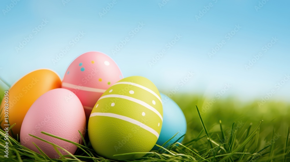 Fototapeta premium Colorful Easter Eggs in Grassy Meadow Creating a Playful and Cheerful Scene in Nature