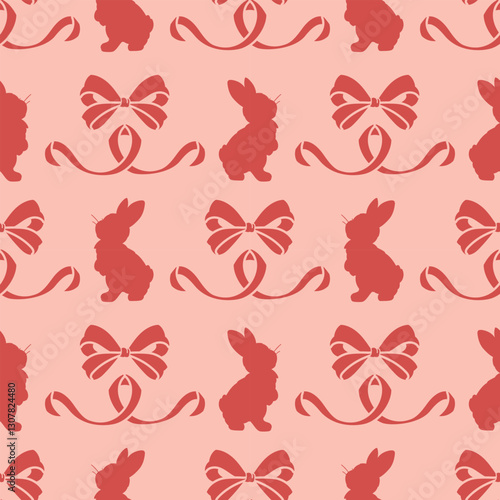 Chic seamless pattern with flirty bunny silhouettes, delicate bows, and a soft pink background. Coquettish and playful Easter design for glamour gift wrap, sweet textiles, and stationery