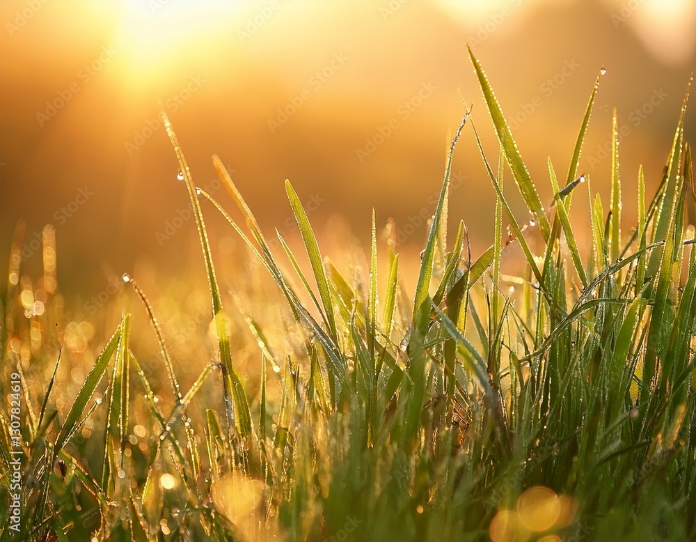 Fototapeta premium A detailed close-up of dewy grass blades bathed in the soft light of the early morning sun. The warm, golden glow enhances the natural beauty of the grass, symbolizing the freshness and growth