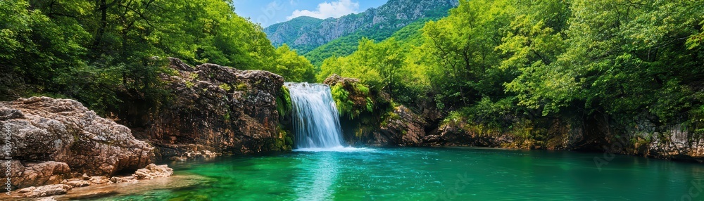 Fototapeta premium Crystal Clear Waterfall Cascading into Tranquil Blue Pool Surrounded by Lush Greenery