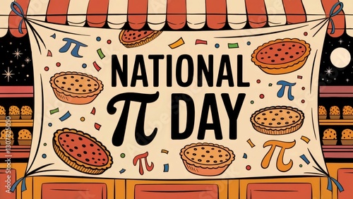 National Pi Day 3.14 banner hanging on a bakery storefront celebrating with pies 