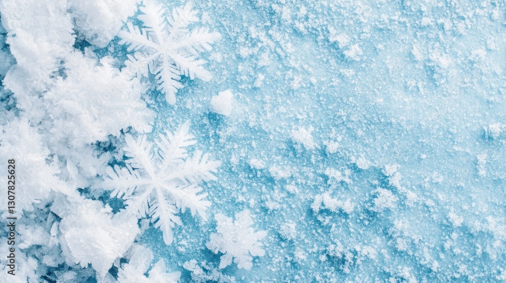 Fototapeta premium A serene winter scene featuring delicate snowflakes resting on a frosty blue surface, perfect for seasonal promotions, holiday greetings, or winter-themed designs,