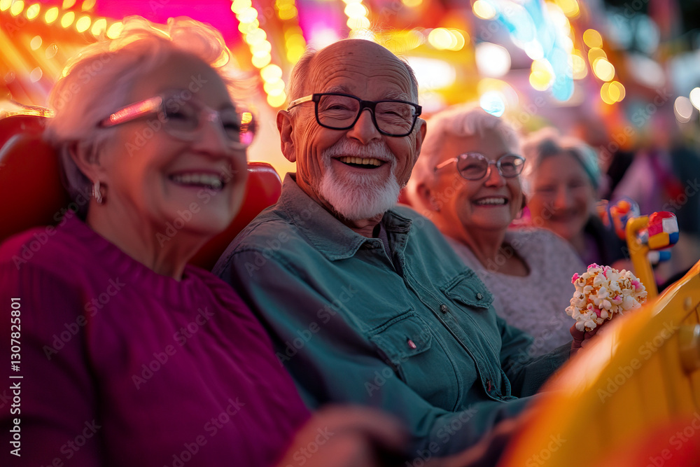 Obraz premium Happy Elderly Friends Enjoying a Fun Ride at an Amusement Park – Joyful Senior Lifestyle and Friendship