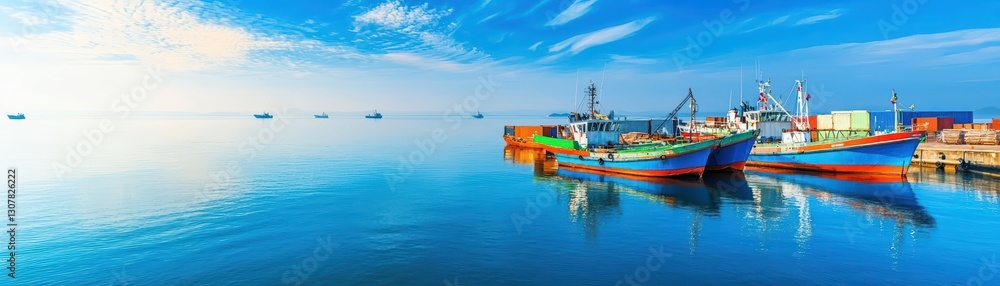 Colorful Fishing Boats and Cargo Ships Docked at a Busy Harbor with Calm Waters and Blue Sky Colorful Fishing Boats and Cargo Ships Docked at a Busy Harbor with Calm Waters and Blue Sky
