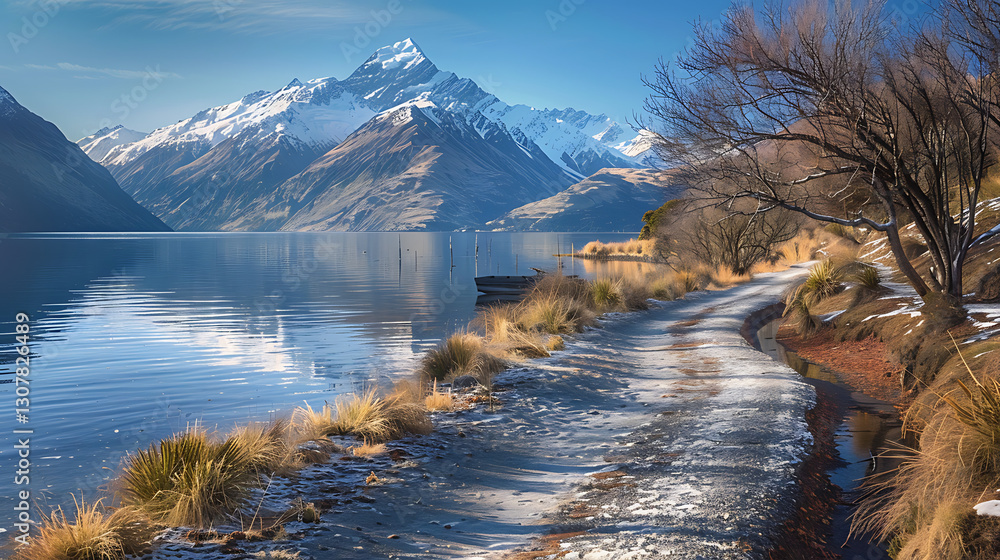 Fototapeta premium Serene Lakeside Path with Snow-Capped Mountains