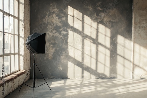 Empty studio with large windows, soft sunlight, and photography equipment.