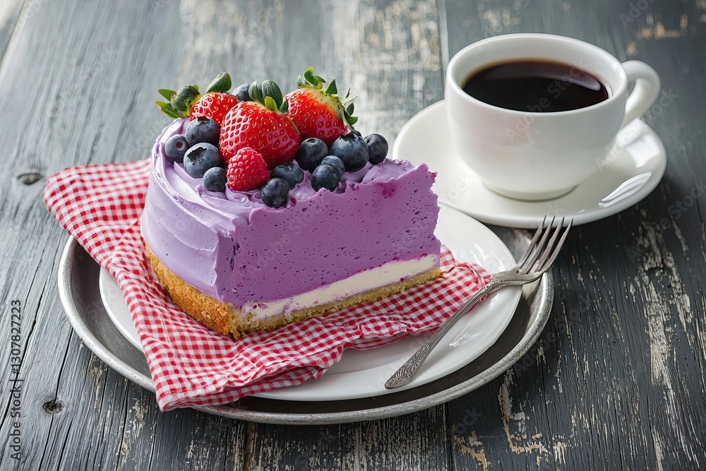 Delicious Blueberry Cheesecake with Fresh Berries on a Rustic Wooden Table Served with Black Coffee Delicious Blueberry Cheesecake with Fresh Berries on a Rustic Wooden Table Served with Black Coffee