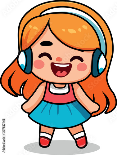 Ilustración animada, caricatura de Niña cantando feliz con audífonos 