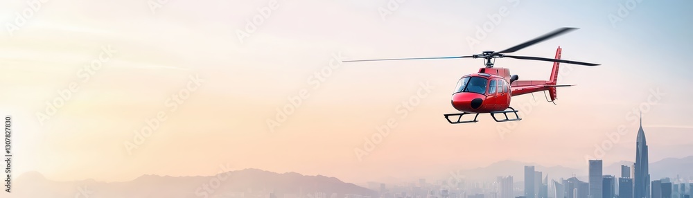 Fototapeta premium Helicopter Landing on Skyscraper Helipad at Sunset Over City Skyline with Beautiful Background