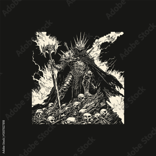mighty executioner standing on a pile of skulls design vector template illustration