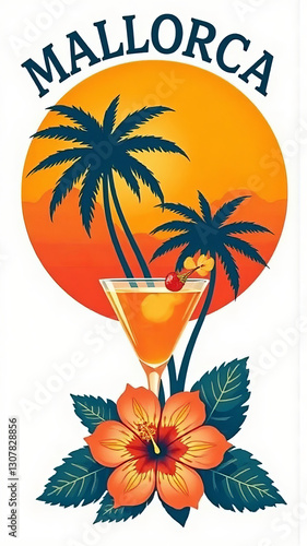 Mallorca Cocktail Design mit Sonnenuntergang und Palmen-Motiv

