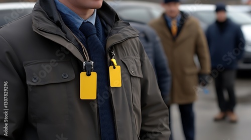 A man wearing a jacket with two yellow identity badges visible