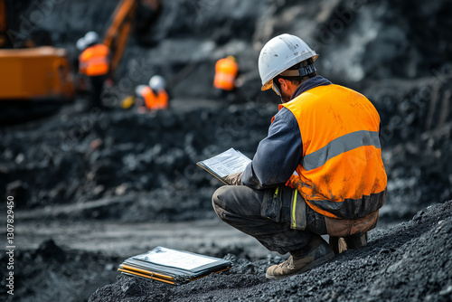Miners wearing white fall protection helmets, signing safety control permit to work and isolation lock box before starting work at an open field construction site.