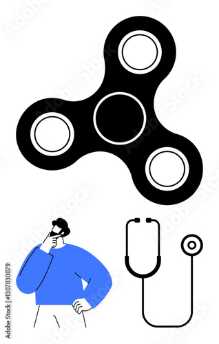 Fidget spinner, pensive man, and stethoscope symbolizing focus, decision-making, health, productivity, relaxation, mental clarity and mindfulness. Ideal for stress wellness or lifestyle concepts