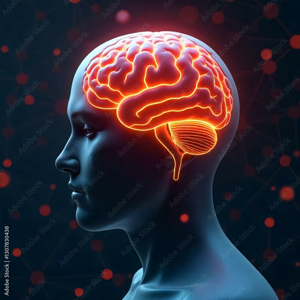 A Human Head With A Brain Inside The Brain Is Glowing With Orange Light The Background Is A Network Of Interconnected Nodes gorgeous captivating A Human Head With A Brain Inside The Brain Is Glowing With Orange Light The Background Is A Network Of Interconnected Nodes gorgeous captivating